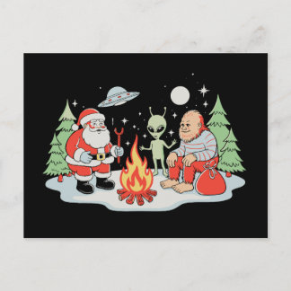 Postal Festiva Santa Bigfoot Alien Fogueado Fiesta Navideña