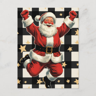 Postal Festiva Santa Claus Alegre Saltando sobre Cuadro de Búfalo
