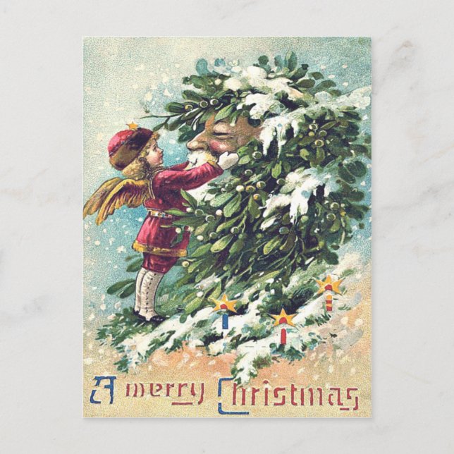 Postal Festiva Santa Claus Angel Cherub Mistletoe (Anverso)