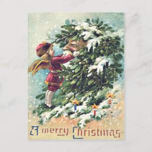 Postal Festiva Santa Claus Ángel Querubín Muérdago