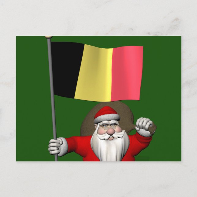 Postal Festiva Santa Claus Con Bandera De Bélgica (Anverso)