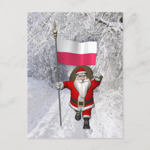 Postal Festiva Santa Claus Con Bandera De Polonia
