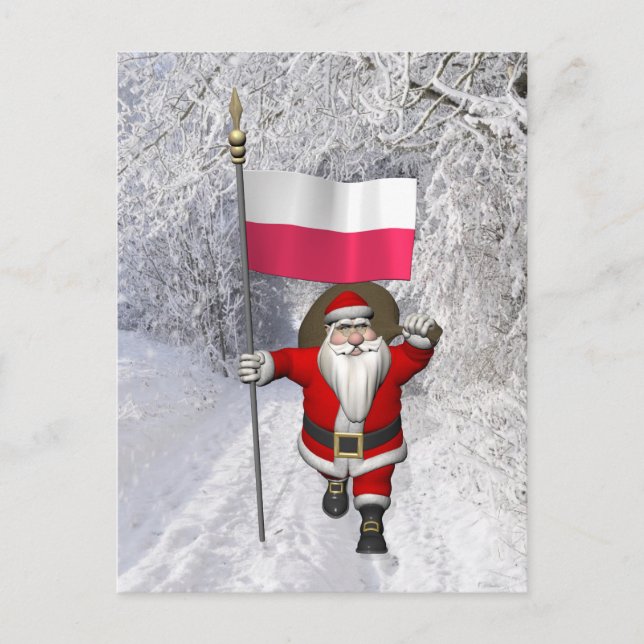 Postal Festiva Santa Claus Con Bandera De Polonia (Anverso)