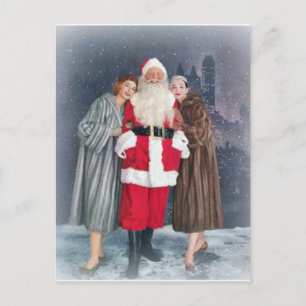 Postal Festiva Santa Claus con Chicas de los años 50