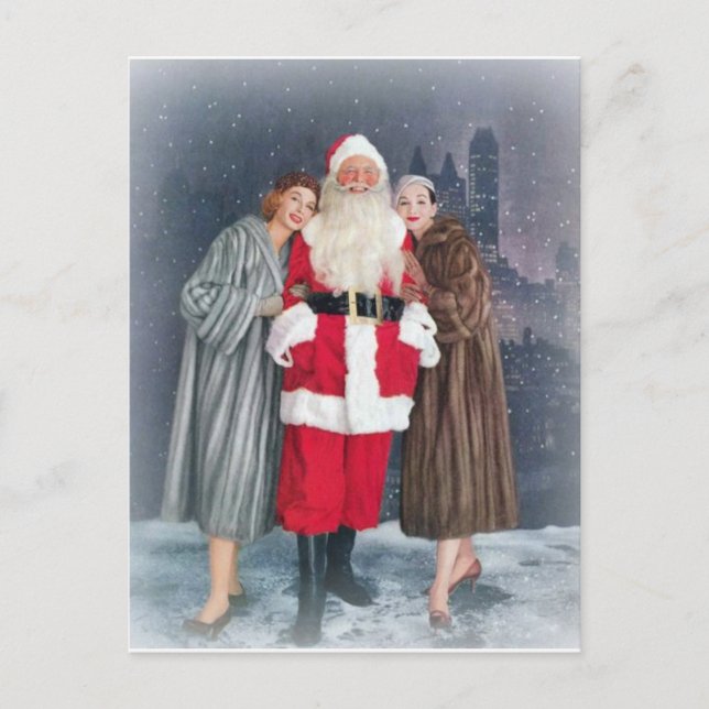 Postal Festiva Santa Claus con Chicas de los años 50 (Anverso)