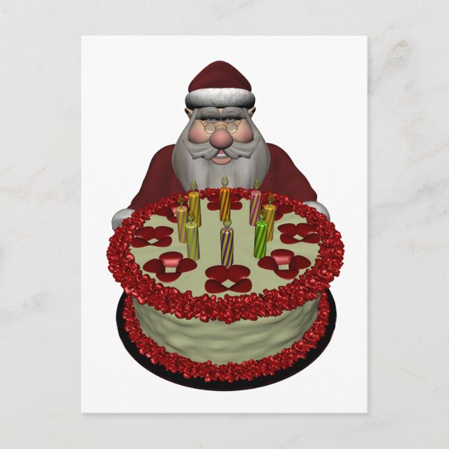 Postal Festiva Santa Claus con pastel de cumpleaños (Anverso)