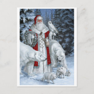 Postal Festiva Santa Claus Con Un Búho Y Osos Polares