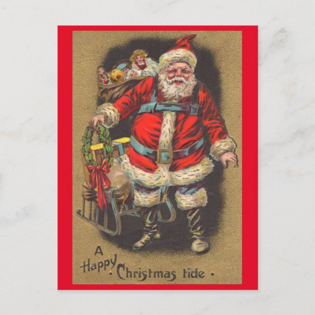 Postal Festiva Santa Claus de 1915 con su trineo y juguetes (Anverso)