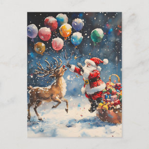 Postal Festiva Santa Claus de acuarela festiva Reno Globo Colorid
