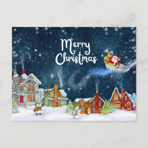 Postal Festiva Santa Claus de acuarela navideña, muñeco de nieve