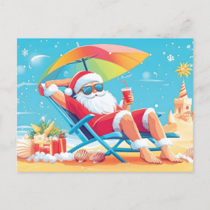 Postal Festiva Santa Claus descansando en una playa tropical con 
