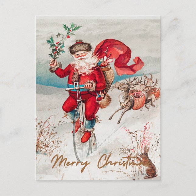 Postal Festiva Santa Claus en un penique de gallinero con reno (Anverso)