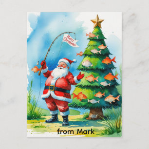 Postal Festiva Santa Claus está pescando en las vacaciones de Nav