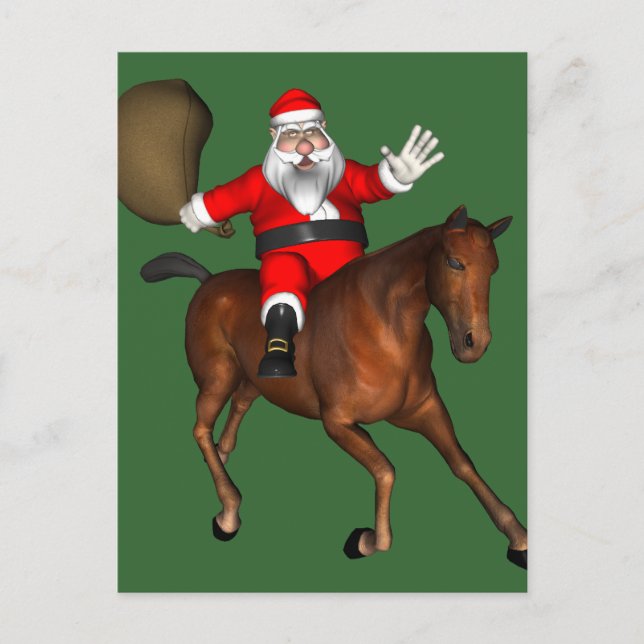 Postal Festiva Santa Claus Freehand Montando A Mustang (Anverso)