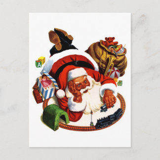 Postal Festiva Santa Claus jugando con trenes