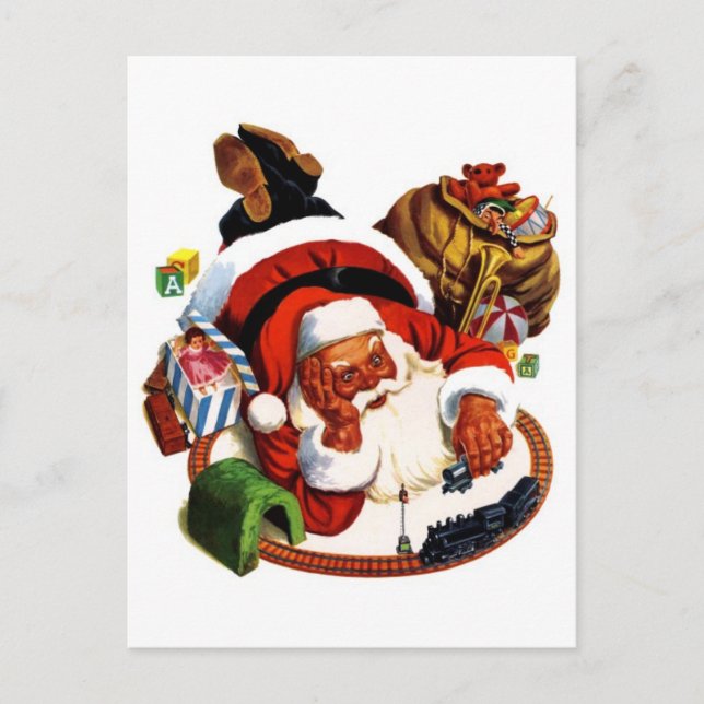 Postal Festiva Santa Claus jugando con trenes (Anverso)