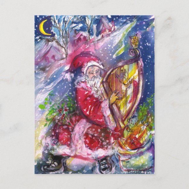 POSTAL FESTIVA SANTA CLAUS JUGANDO HARP A LA LUZ DE LA LUNA (Anverso)