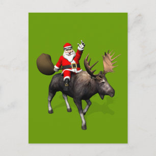 Postal Festiva Santa Claus Montando En Moose