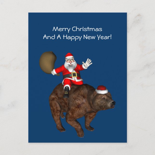Postal Festiva Santa Claus montando un oso (Anverso)