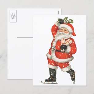 Postal Festiva Santa Claus Patinador Navideño Victoriano Antiguo