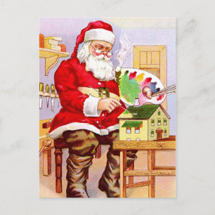 Postal Festiva Santa Claus pinta una casa de muñecas
