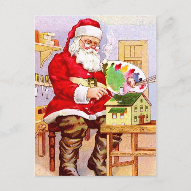 Postal Festiva Santa Claus pinta una casa de muñecas (Anverso)