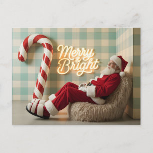 Postal Festiva Santa Claus Retro Relajándose en una Silla Difusa