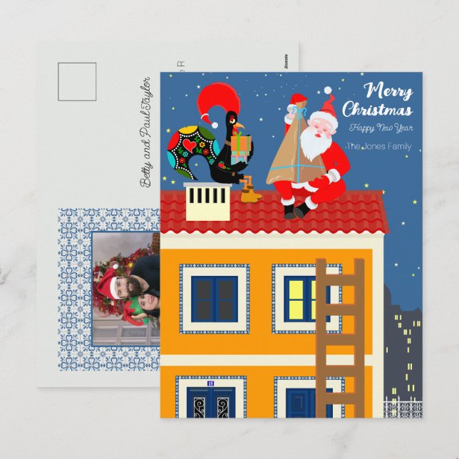 Postal Festiva Santa Claus se reúne con el gallo de Portugal (Anverso / Reverso)