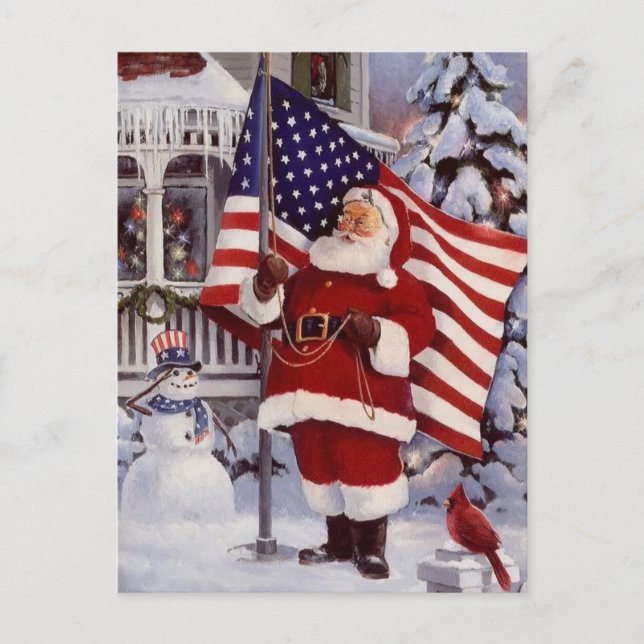 Postal Festiva Santa Claus sostiene la bandera estadounidense (Anverso)