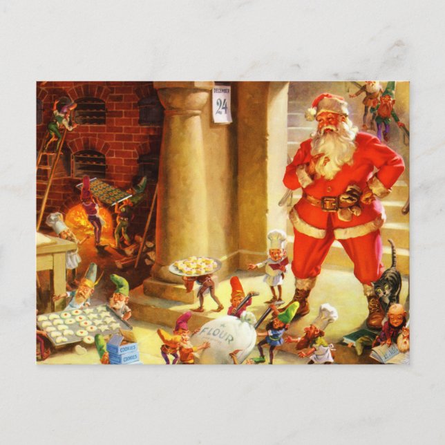 Postal Festiva Santa Claus supervisa a sus elfos cocinando (Anverso)
