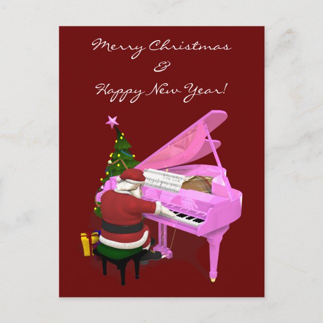 Postal Festiva Santa Claus toca piano rosa (Anverso)