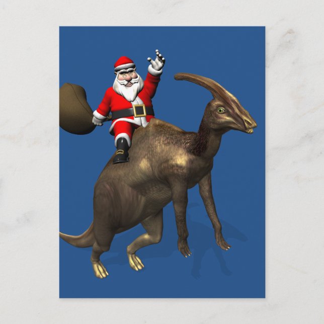 Postal Festiva Santa Claus Viajando En Parasaurolophus (Anverso)