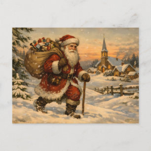 Postal Festiva Santa Claus vintage caminando en la nieve