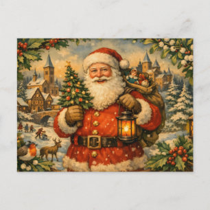 Postal Festiva Santa Claus vintage con linterna