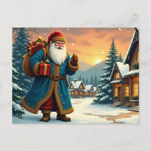 Postal Festiva Santa Claus vintage con regalos visitando el puebl
