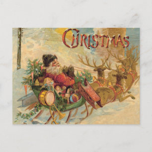 Postal Festiva Santa Claus vintage en su trineo de renos