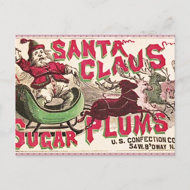 Postal Festiva Santa Claus Vintage Ilustracion Sleigh (Anverso)