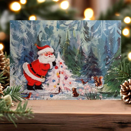 Postal Festiva Santa Claus Vintage y Animales del Bosque Monos Re