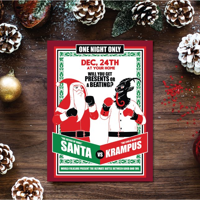 Postal Festiva Santa Claus vs. Krampus Partido de Boxeo Bueno vs. (Add some humor to Christmas with this Santa Claus vs. Krampus Boxing Match Good vs. Evil postcard.)