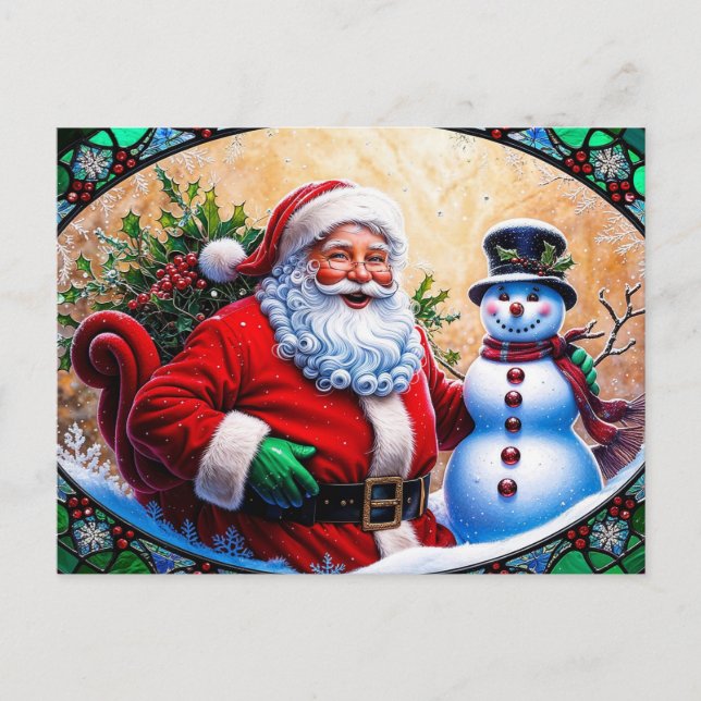 Postal Festiva Santa Claus y Navidades de Snowman manchados de vi (Anverso)