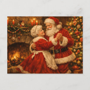 Postal Festiva Santa Claus y Señora Claus bailan Vintage