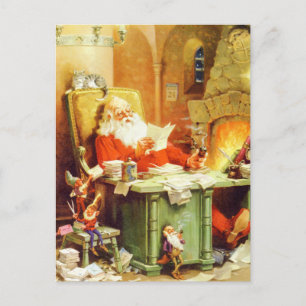 Postal Festiva Santa Claus y sus elfos revisan su lista