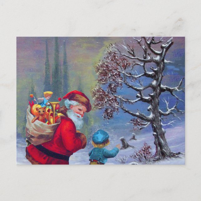 POSTAL FESTIVA SANTA CON NIÑO EN PAISAJE DE NIEVE EN INVIERNO (Anverso)