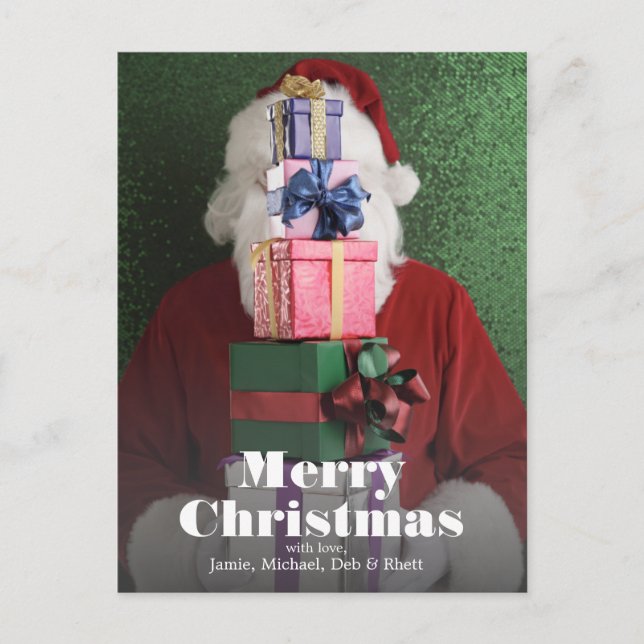 Postal Festiva Santa con pila de regalos (Anverso)