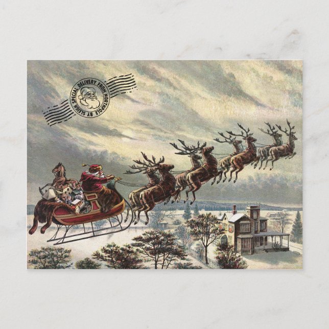 Postal Festiva Santa con Sleigh (Anverso)