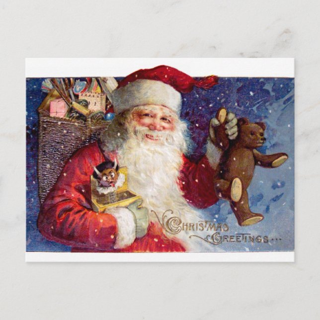 Postal Festiva Santa con Teddy y Krampus en una caja (Anverso)