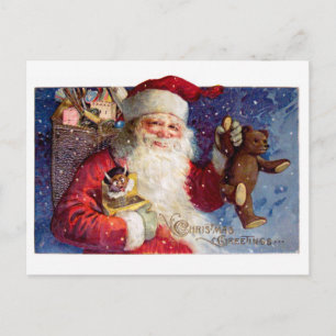 Postal Festiva Santa con Teddy y Krampus en una caja