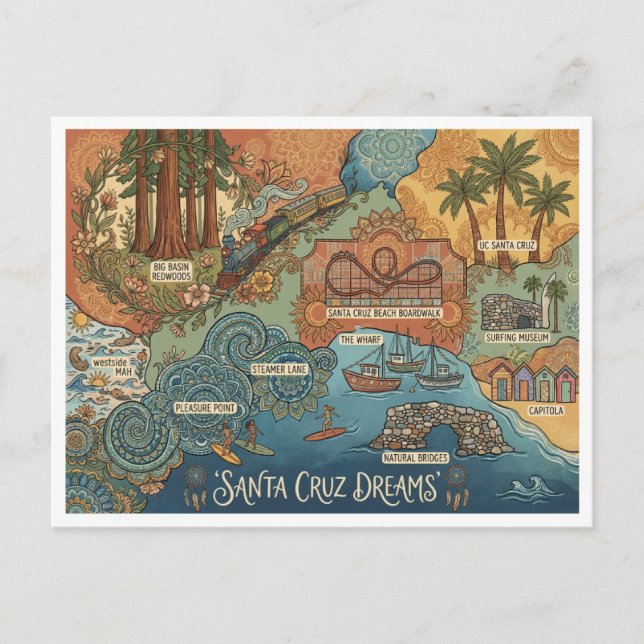 Postal Festiva Santa Cruz California Dreams Map – Vibrant Coast (Anverso)