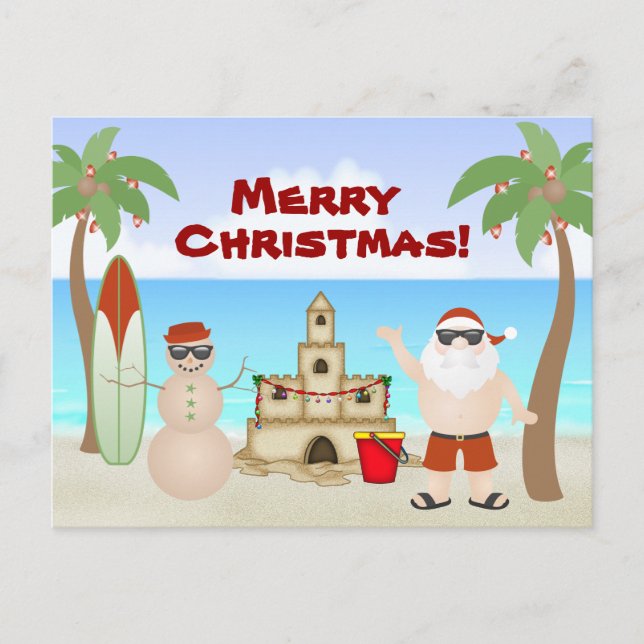 Postal Festiva Santa Cuta en la playa Navidades tropicales (Anverso)