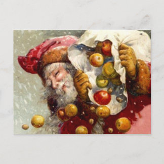 Postal Festiva Santa de la Vintage con el saco de manzanas Antído